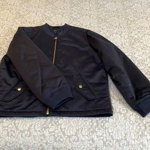 J Crew navy satin bomber jacket.  Quilted inside, very cute with size zippers